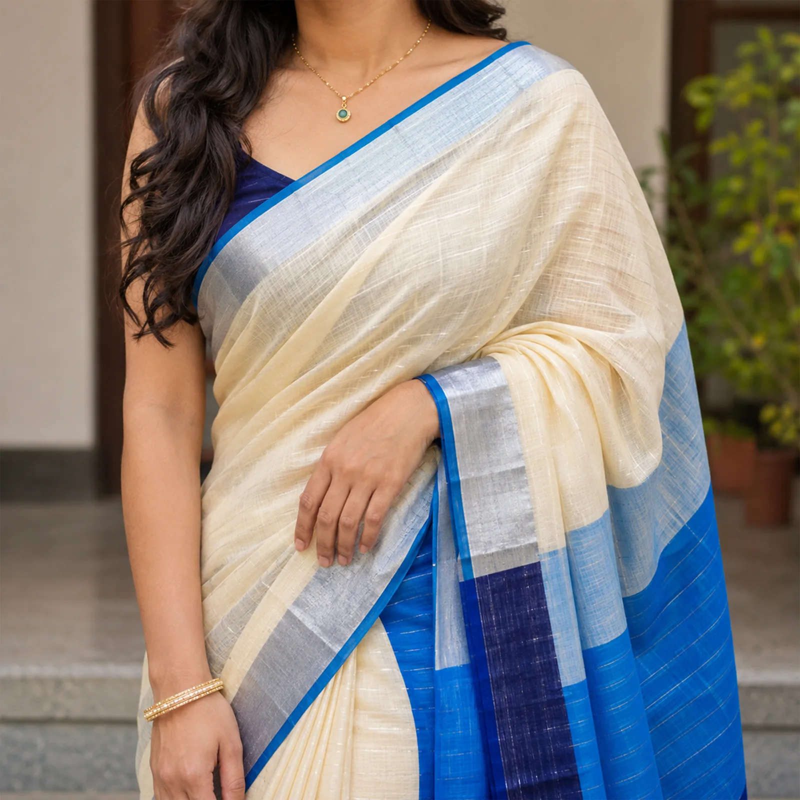 Mallika in Royal Blue & Silver Kadwa - Angle 8