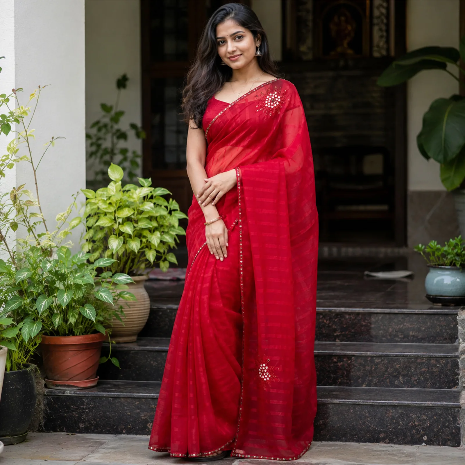 Festive Crimson Shimmer Saree Silhouette