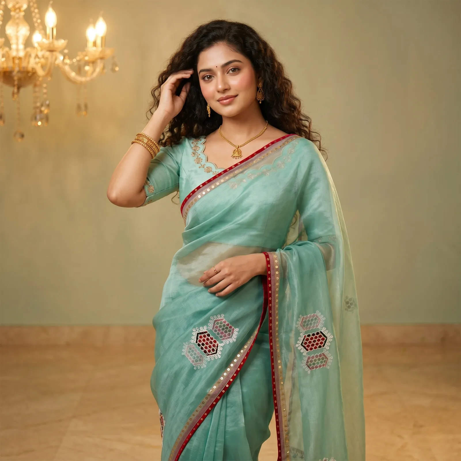 Radha in Vermilion Red & Temple Border - Angle 3