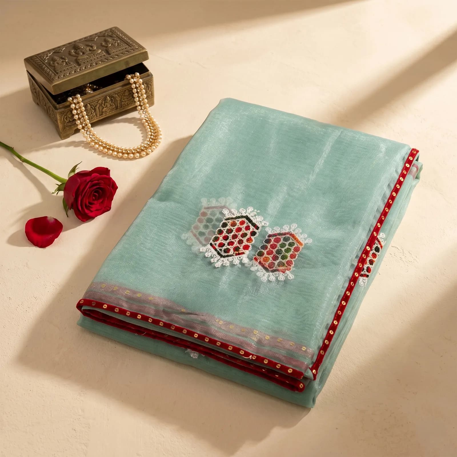 Radha in Vermilion Red & Temple Border - Angle 4