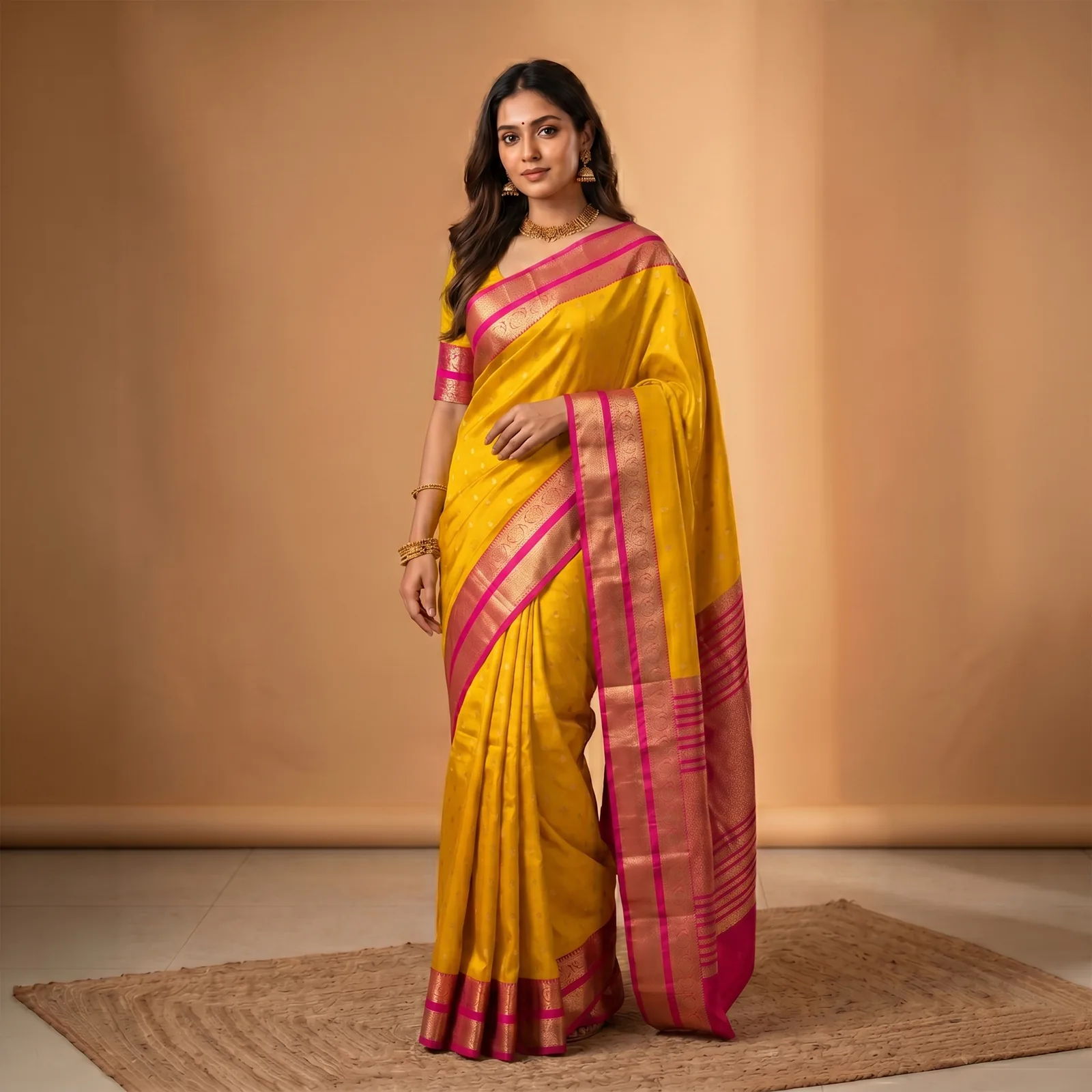 Anushree in Vibrant Pink & Golden Weave - Angle 2