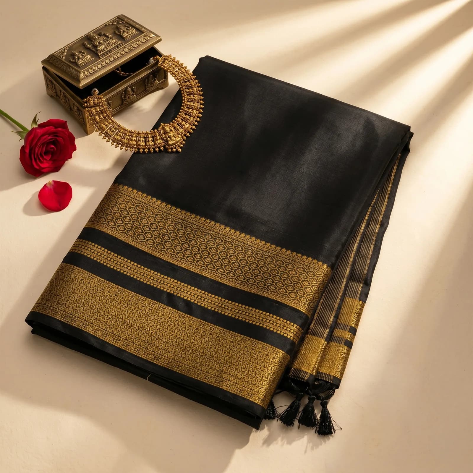 Hemavati in Olive Green & Ruby Red Border - Angle 2